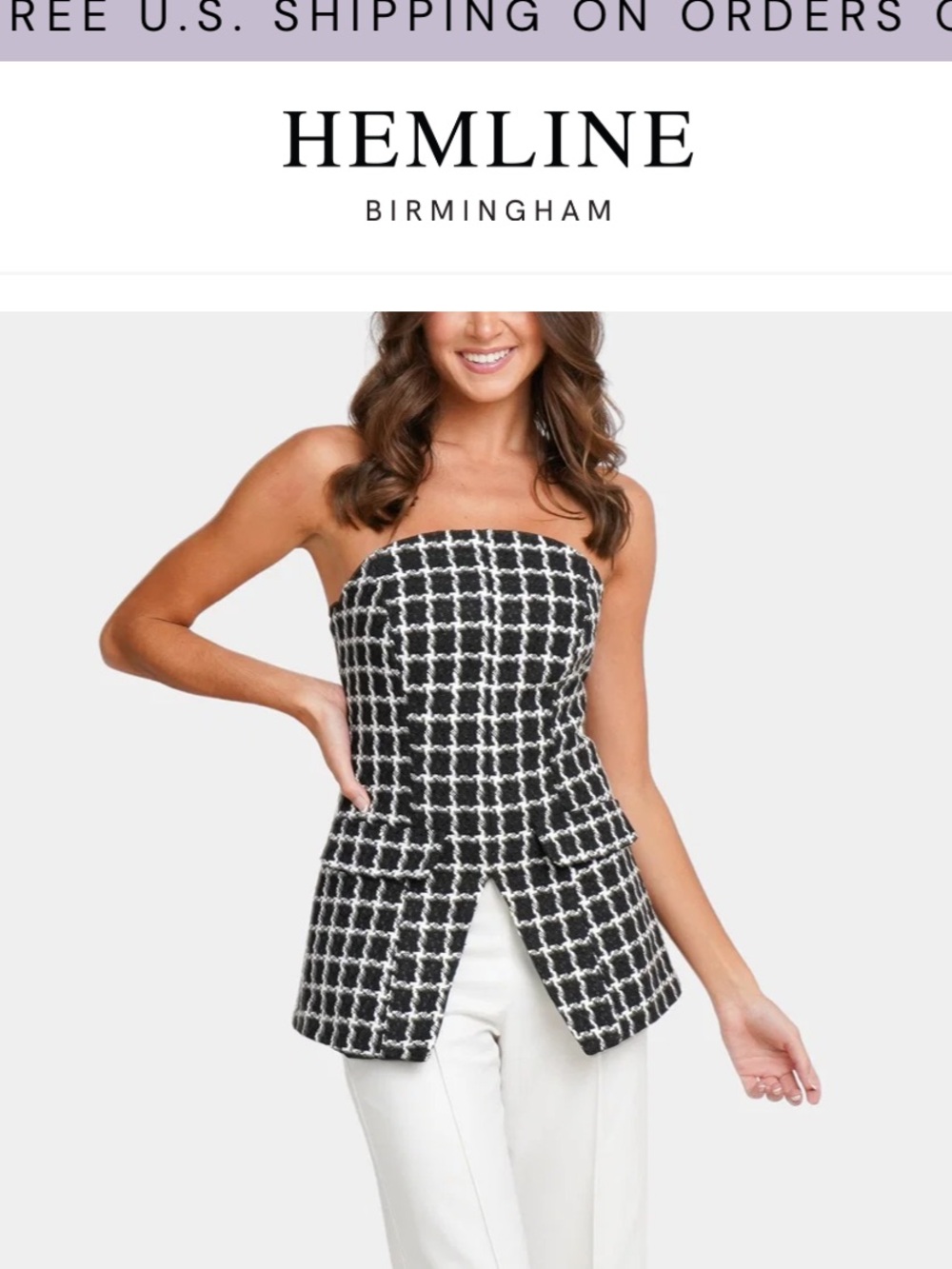 Black & White Wide-Leg Pants with Strapless Tweed Top